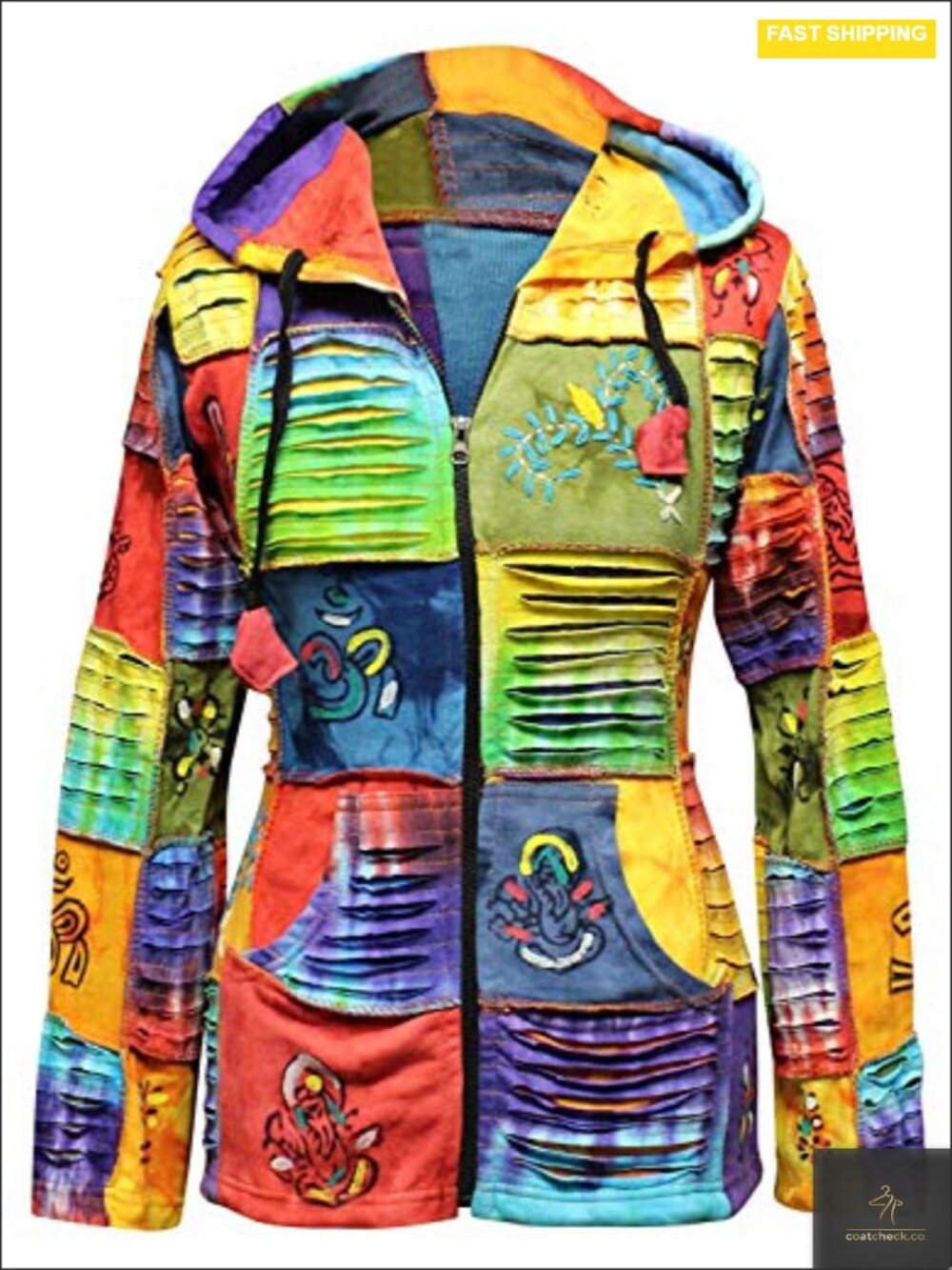 Women's Slashed Patchwork Tie Dye Hoodie Jacket with Drawstring Hood